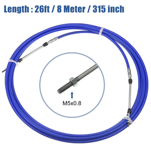 Blue 26Ft Marine Throttle Shift Remote Control Cable For Outboard Motors, 315 Inch Length, detailed view with specifications.