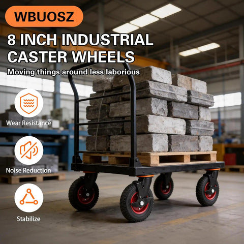 Badass 8 Inch Rubber Caster Wheels 4 Pack Swivel With Brake Deep Lug Tread For Superior Grip Smooth Rollin on a cart with bricks.