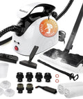 Heavy Duty Handheld Steam Cleaner Kills Stubborn Grime On Tile Floors Sofas And Rugs Around Your Spot Using Flat Out Hot Steam And 21 Tool Attachments For A Quick Deep Clean Whenever You Need It, showing accessories and steam output.