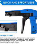 Close-up of Heavy Duty Die Cast Steel Cable Tie Gun With Flush Cut Fastening Tool showing ergonomic handle and tension settings.