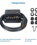 Solid 7 Way Trailer Wiring Harness With Junction Box For RV Camper Hookups, matte black junction box and cable kit components.