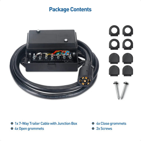 Solid 7 Way Trailer Wiring Harness With Junction Box For RV Camper Hookups, matte black junction box and cable kit components.
