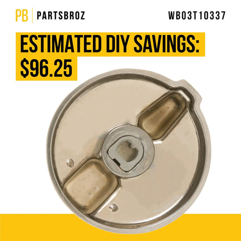 WB03T10337 Knob Assembly for General Electric range replacement, heavy duty durable DIY fix, shown in metallic finish