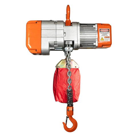 Side view of Prowinch 1/2-ton electric chain hoist with orange housing, chain and orange hook