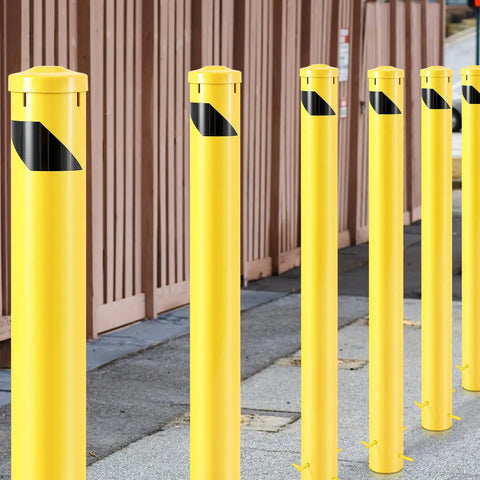 Tough As Nails 55 Inch Fully Galvanized Steel Safety Bollard Post in yellow, designed for parking lot and sidewalk protection.