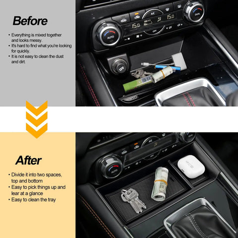 Mazda CX5 Center Console Tray Insert Organizer Armrest Storage Box Gears Gear Panel Front Glasses Holder Custom Fit Car Accessories For 2022 2023 2024 2025 before and after organizing view.