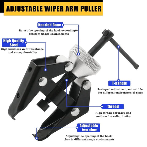 All In One Wiper Arm Puller And Battery Terminal Removal Tool For Bolted Windshield Wiper Arms That Slip Over A Tapered Spline And Battery Posts The Go To Auto Hand Tool For Cars And Light Trucks, adjustable wiper arm puller close-up