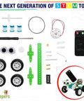 Components of Electric Motor Robotics Kit For Kids 4 In 1 DIY STEM Toys including wheels, motor, remote for circuit engineering.