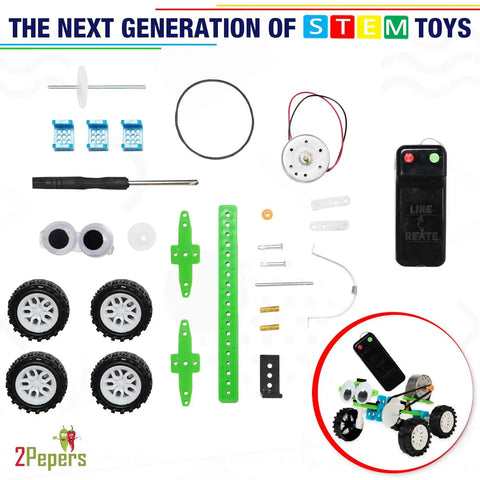 Components of Electric Motor Robotics Kit For Kids 4 In 1 DIY STEM Toys including wheels, motor, remote for circuit engineering.