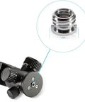 Close-up of Knockout 15 Piece Screw Adapter Set Featuring Slick 1/4 To 3/8 Thread Converters for DSLR cameras, showing details of metal adapters.