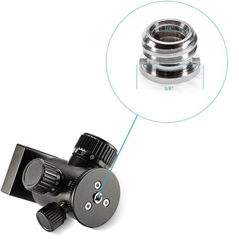 Close-up of Knockout 15 Piece Screw Adapter Set Featuring Slick 1/4 To 3/8 Thread Converters for DSLR cameras, showing details of metal adapters.