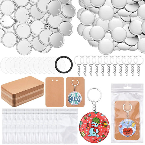 DIY Button Maker Kit For 100 Sets 58mm 2 And A Quarter Inch Includes Metal Shells Plastic Films Backing Parts Bags Cards And Keychains