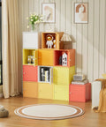 Colorful stackable cube storage organizers with magnetic doors in a living room setting, showcasing versatility in home decor.