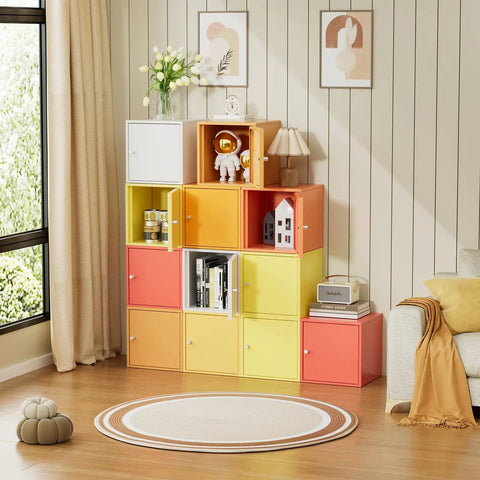 Colorful stackable cube storage organizers with magnetic doors in a living room setting, showcasing versatility in home decor.