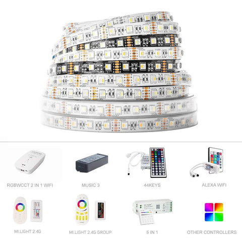 4 In 1 RGBW LED Tape Light 12V 5m 16.4ft 60 LEDs Per Meter with accessories shown, no adapter or controller needed