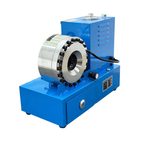 Top Shelf Heavy Duty Electric Hydraulic Hose Crimper With Killer Five Ton Punch And Lightning Fast Eight Die Swap Kit For Zero Hassle 110V Garage Service On Six To Twenty Eight Millimeter Tubing, blue metal crimping tool.