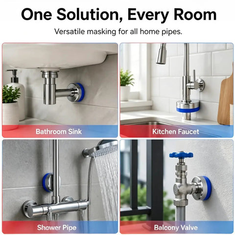 Two Piece Magnetic Split Faucet Covers Adjustable Pipe Escutcheon Plates Quick Snap Magnet Install No Sweat Setup Snug Fit Cover For Hidden U Pipes Under Sink, shown in bathroom sink, kitchen faucet, shower pipe, and balcony valve.