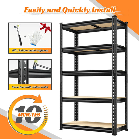 Two Pack Beefy 5 Tier Storage Shelves For Garage And Home, 11.8 inch deep steel shelf, easy assembly, 10-minute install