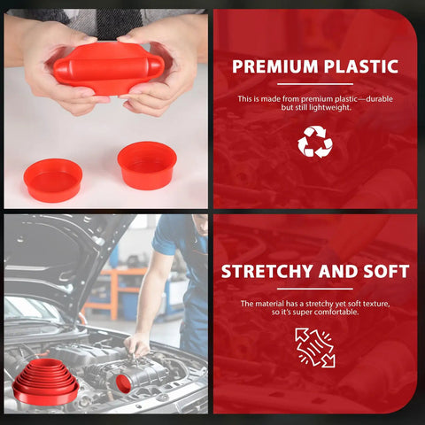 Collage showing red 23 piece automotive cap plugs kit for smoke machine leak testing, hands holding cap, premium plastic label.