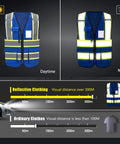 Top Shelf High Visibility Safety Vest With Heavy Duty Reflective Tapes Built Different For Construction Crews And Road Workers Who Want Straight Fire Visibility shown in daytime and nighttime visibility comparison.