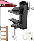 Outdoor Umbrella Clamp Heavy Duty Stainless Steel Deck Mount With Adjustable Arm And Umbrella Hook Accessory Mount Black on rail.