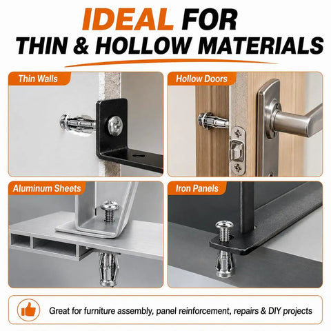 Image showcasing 90 Piece Kickass Button Rivet Locking Nuts Set M4 M5 M6 for thin walls, hollow doors, aluminum sheets, and iron panels.