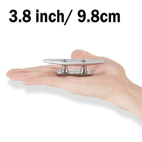 Open Base 316 Stainless Steel Boat Cleat For Mooring, 4 Inch Dock Cleat With Included Screws And Nuts held in hand