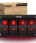 Four Gang Rocker Switch Panel With DIY Label Stickers And Pre Wired Jumpers SPST On Off 12V 20A And 24V 10A Aluminum Plate Red, front view