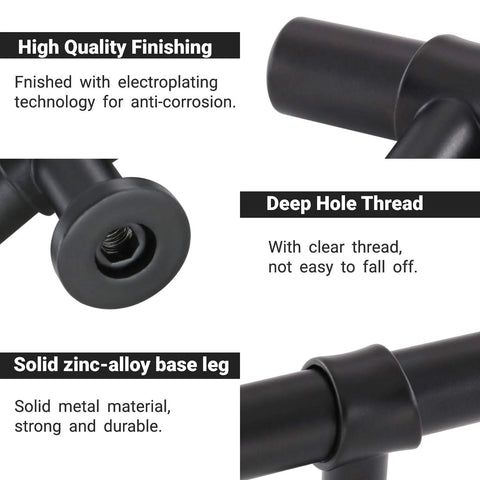 Close-up view of 5 Pack Black Cabinet Knobs And Drawer Pulls, T Bar Dresser Handles, showing high quality finishing and deep hole thread.