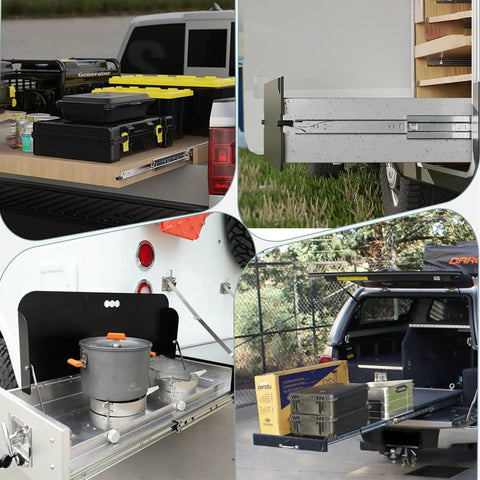 Beefy Heavy Duty Locking Drawer Slides 1 Pair 12 to 40 Inch Full Extension Ball Bearing Rails shown installed in various storage setups.