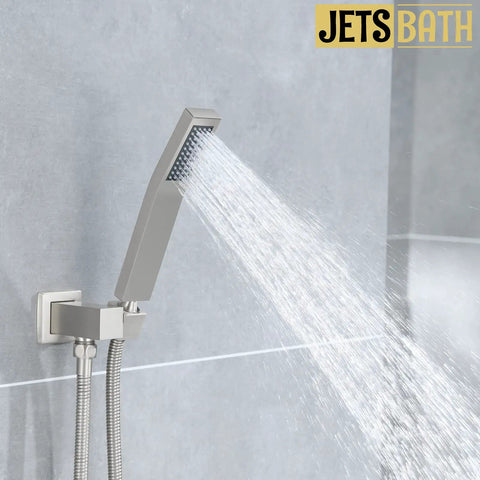 All-In-One Tub And Shower Faucet Set In Brushed Nickel With 12-Inch Rainfall Shower Head Waterfall Tub Spout And Rough-In Valve spraying water