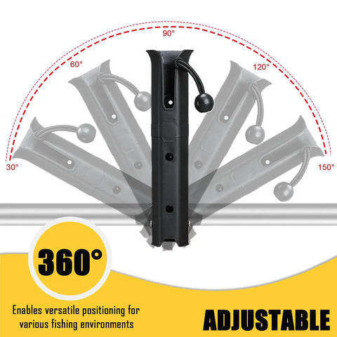 Adjustable Pole Mount Fishing Rod Holder for bikes with 360-degree rotation, shown in different angle positions for flexibility.