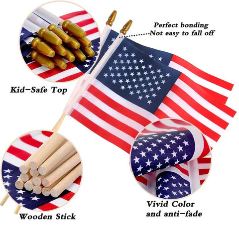 Detailed view of Handheld 5x8 Inch American Flags On Wooden Sticks 12 Pack with safe spear tops, showing vivid color and kid-safe features.