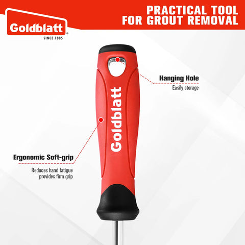 Pro Grade Grout Removal Tool With Replacement Carbide Tip Caulking Remover And Scraper With Soft Grip Handle shown from the front