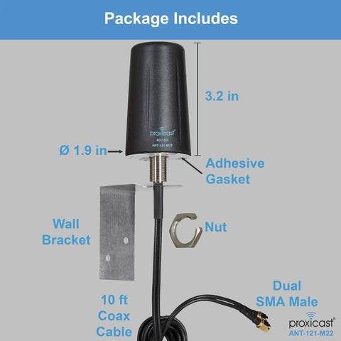 Image showing Straight Plug N Go 4G And 5G MIMO Wireless Antenna with 10 ft coax cable, wall bracket, and dual SMA male connectors.