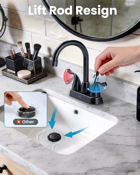 Oil Rubbed Bronze Vintage Style Bathroom Faucet With 4 Inch Centerset, 2-Handle 3-Hole Design, rotating spout in use