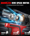 Illustration of Go-To Air Duster With 380W Brushless Motor, 100,000 RPM, showing inner brushless motor components and airflow.