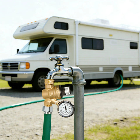 Water Pressure Regulator Valve For RVs With Gauge And Inlet Screened Filter Brass RV Part For Camper Trailer Performance, Leak Prevention, And Smooth Water Pressure On The Road mounted on RV hose