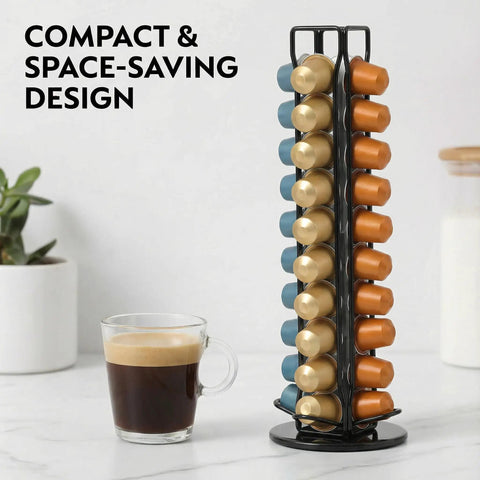 Rotating Nespresso OriginalLine Pod Holder Carousel For Countertop, 40 Pod Capacity with coffee pods, quiet spin, black.