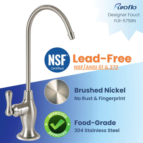 Brushed Nickel Reverse Osmosis Faucet No Air Gap For Under Sink Water Filtration System NSF Certified Lead Free Drinking Water Tap For RO Unit FLR575BN For Homes, showing faucet design and NSF certification.