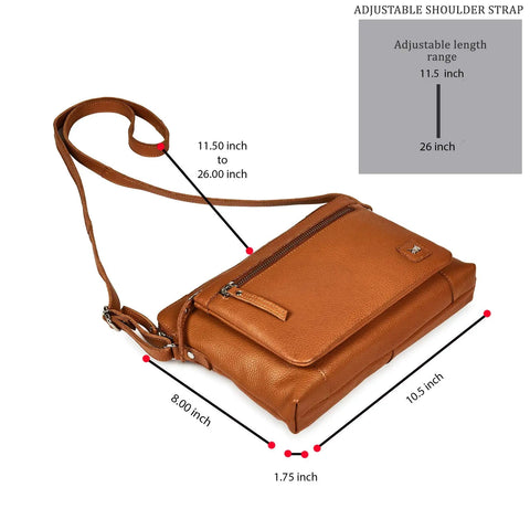 Top Shelf Genuine Leather Crossbody Bag for Women Small Soft Pebbled Nappa Cowhide Sling Shoulder Purse with Fully Adjustable Strap in Warm Cognac Shade, showing strap length.