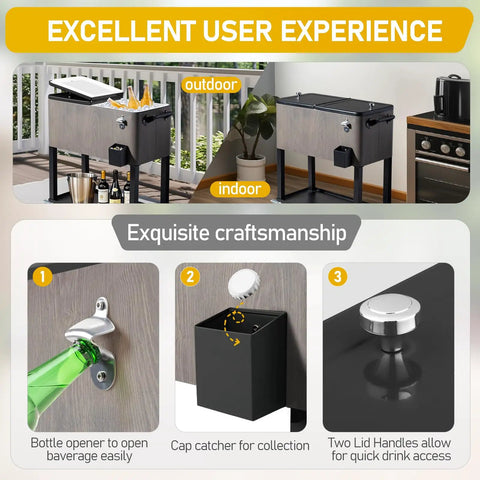 Image of 80 Quart Rolling Patio Cooler With Bottle Opener And Cap Catcher in outdoor and indoor settings.