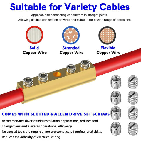 Heavy Duty 12 To 10 AWG Mechanical Screw Splice Connectors Kit With 4 Position Design Brass Construction Inspection Window 10 Splices 3 To 1 Heat Shrink Tubing 44 Slotted And 44 Allen Set Screws 600V Rating brass splice for copper wire with set screws