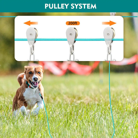 Heavy Duty 200 Foot Dog Runner With 10 Foot Tie Out Cable For Large Dogs Up To 250 Lbs Ideal For Yard Park And Camping Use Ice Blue Trolley System showing pulley system securing a running dog