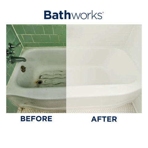 Before and after image of a bathtub using Quick Dry Roll On Refinishing Kit 22 Fl Oz High Gloss White Complete DIY System.