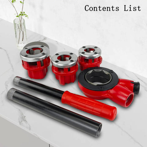 Heavy Duty Pipe Threader Ratchet Kit With BSPT Dies In Half Inch, Three Quarter Inch And One Inch Sizes, manual threading tool set on a counter