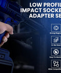 Upgraded Low Profile Impact Socket Adapter Set Four Piece Stubby Drive Kit For Tight Spaces Includes Quarter To Eighth Inch Eighth To Half Inch Half To Three Quarters Inch Three Quarters To One Inch Cr-Mo Steel With Triangle Pry Bar in use with drill