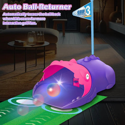 Kids Golf Toy Set With Dinosaur Automatic Ball Return LED Light Up Night Balls indoors on a putting mat