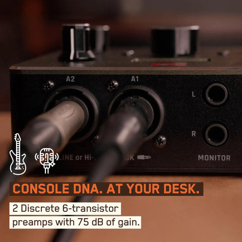 Close-up of the Zenith 2 USB C Audio Interface with inputs and text 'Console DNA. At Your Desk.' showing preamp details.