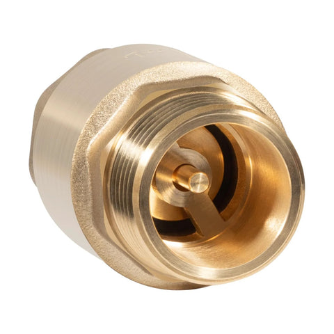 Brass one-way check valve, front view; 1 in NPT male inlet, 1 in FNPT outlet.